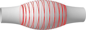 Sketch of the bottle microresonator realised at the University of Mainz. Light spirals around the resonator axis and oscillates back and forth along the fibre between two turning points. The corresponding ray path is indicated in red